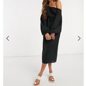 ASOS DESIGN Belted Fallen Shoulder Midi Pencil Dress in Black - 8